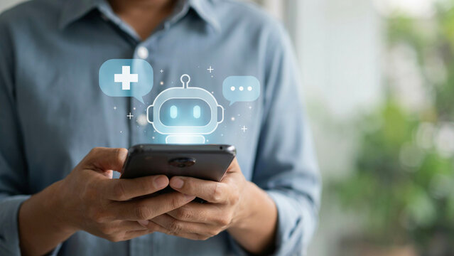 Person holding smartphone displaying medical chatbot interface with glowing digital health icons for automated assistance services