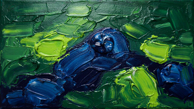 Impasto oil painting features vibrant green and deep blue brushstrokes on textured canvas fine art surface