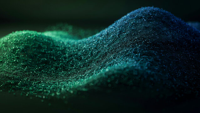 Green glowing microscopic sand particles forming abstract wave shapes under dramatic studio lighting macro depth effect