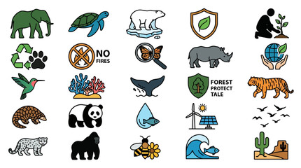 Fototapeta premium Wildlife and renewable energy environmental icons set