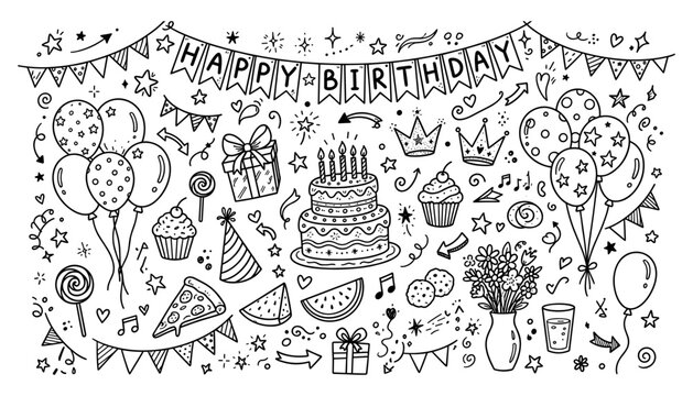 Happy birthday hand drawn doodle element collection set with party balloons cake gifts and festive bunting decorations