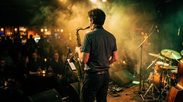 Jazz saxophone player performing live on stage in a dimly lit club with atmospheric smoke and warm lighting, musician playing brass instrument for audience at night concert.