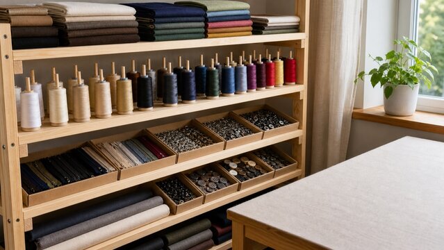 Thread spools fabric bolts and button drawers in a tailoring shop
