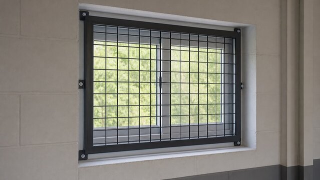 Steel mesh security grille fitted over a basement level window