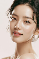 Fototapeta premium Beautiful Young East Asian Woman Close Up Portrait Dewy Glowing Glass Skin Natural Nude Makeup Dark Hair Updo Studio Shot Beige Background Skincare Concept