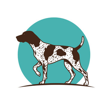 Spotted dog profile against teal circle.