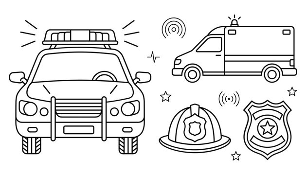 Emergency first responders and public safety line art vector icon set featuring police car ambulance badge and helmet
