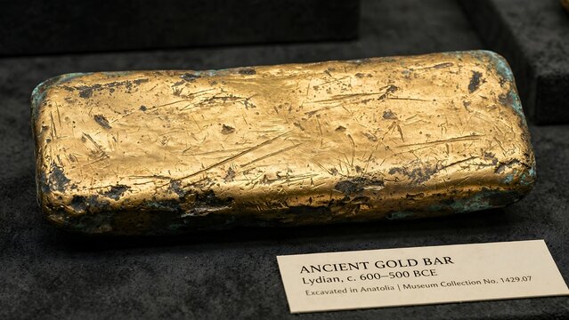Ancient Lydian gold bar ingot artifact display on black background