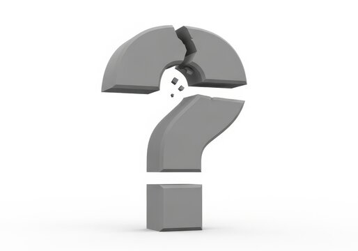 A broken grey stone question mark symbol standing on a flat surface in 3d isolated on white background