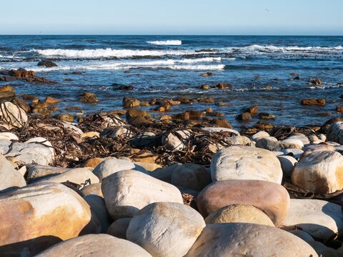 Landscape at the Cape of Good Hope, South Africa, including the ocean, rocks and waves crashing