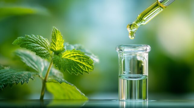 Dropper adding chemical sample to test tube with herbal plant extract for biotechnology research and natural extract laboratory analysis