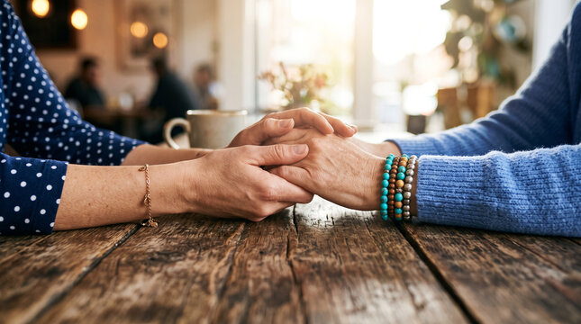 Close up of young woman holding senior person hands on wooden table background showing support compassion and empathy in indoor setting cafe.
