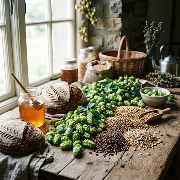 Artisan Bread Hops Grains and Honey on Rustic Wooden Table