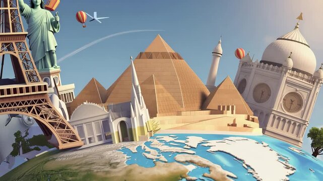 Whimsical travel scene with iconic landmarks floating among clouds and essential travel items