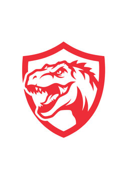 Red ferocious dinosaur head shield logo emblem design.