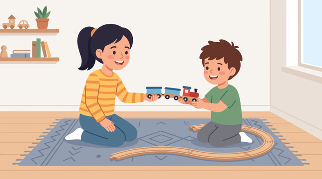 Two children playing with a toy train set on a rug in a bright room. The older sister is handing a part of the train to her younger brother, who is smiling.