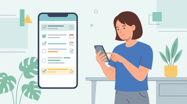 A woman using a smartphone to manage her to-do list on an app. The app displays tasks with checkboxes and a calendar icon, indicating organization and productivity.
