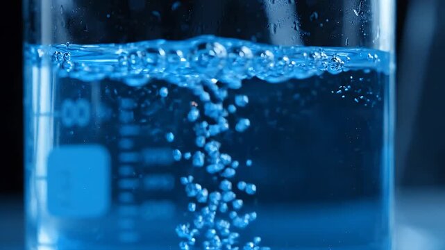 Close-up of bubbles rising in blue fluid within a graduated laboratory beaker during a scientific experiment. Sterile clinical environment.
