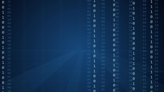 Digital background animation, seamless loop of blue ones and zeros, flowing data streams, tech concept