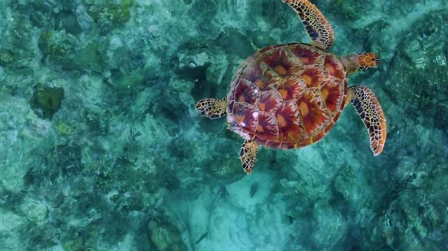Green sea turtle swimming and breathing in clear turquoise water
