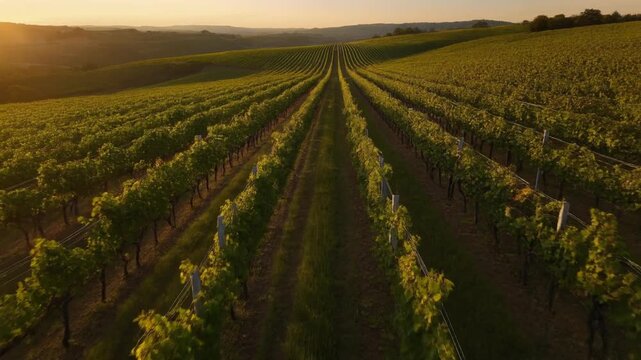Sunset vineyard rows glow under a golden sky in the countryside