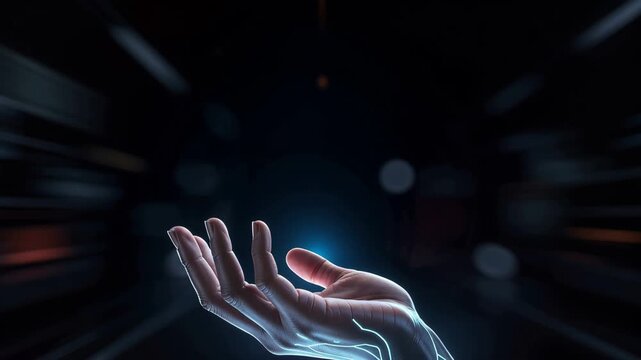 Futuristic gentle hand launching sleek rocket with glowing engines in sci fi space exploration scene