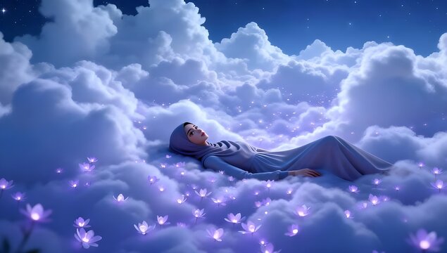 Beautiful Muslim Woman in Grey Hijab Lying on Fluffy Clouds Looking Up at Starry Sky