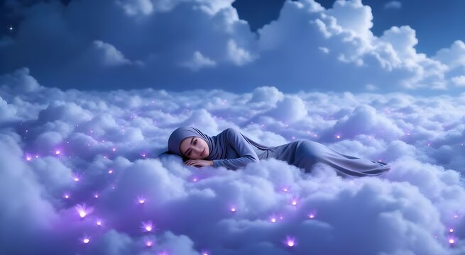Beautiful Muslim Woman in Grey Hijab Lying Peacefully on Soft Glowing Clouds