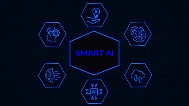 Motion graphics video clip of glowing futuristic Smart AI icons network displaying artificial intelligence concepts on dark background,  Smart AI  concept video for artificial evolution video concept 