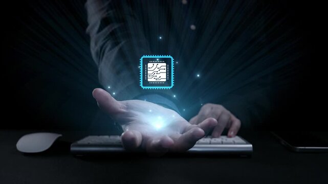 A human hand reaches out to hold a glowing microchip surrounded by digital circuitry. This futuristic image embodies technology role in innovation and data visualization. Qubit
