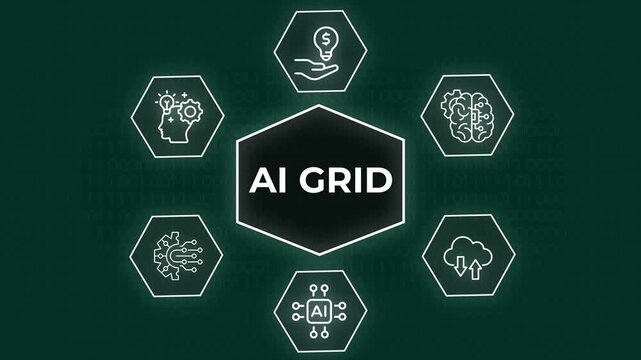 Motion graphics video clip of a glowing green AI grid interface displaying futuristic network technology icons, Seamlessly looping motion graphic showcasing  hexagon modules of artificial intelligence