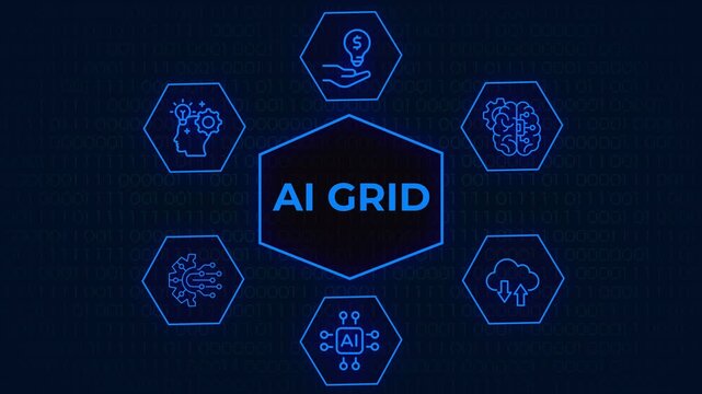 Motion graphics video clip of a glowing green AI grid interface displaying futuristic network technology icons, Seamlessly looping motion graphic showcasing  hexagon modules of artificial intelligence