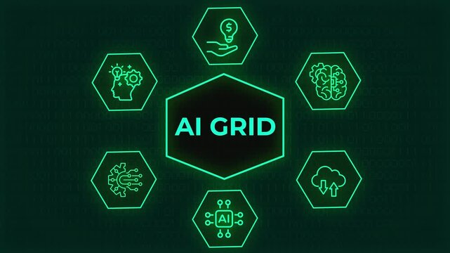 Motion graphics video clip of a glowing green AI grid interface displaying futuristic network technology icons, Seamlessly looping motion graphic showcasing  hexagon modules of artificial intelligence