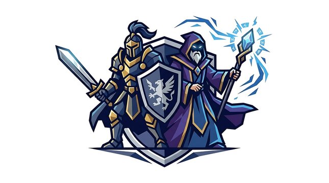 Fantasy warrior knight and mystical wizard standing together with protective shield illustration on white background