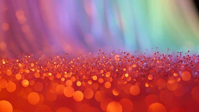 Colorful macro close up of glistening dew drops on a vibrant red plant surface with blurred multicolor background