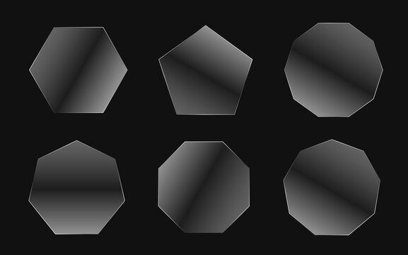 Polygonal dark glassmorphism geometric icons including hexagon pentagon octagon shapes for mobile app website layout