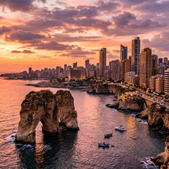 Fototapeta premium Beirut skyline Pigeon Rocks at sunset Mediterranean coast Lebanon cityscape