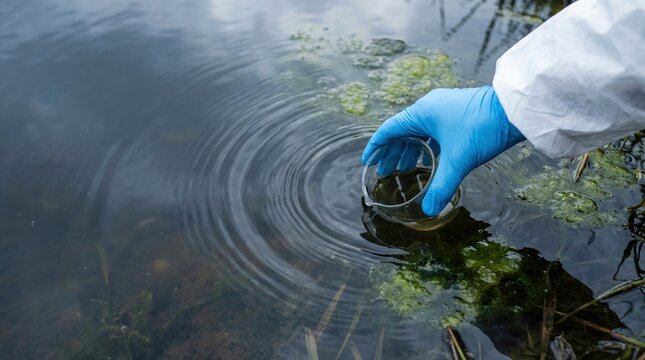 Gloved hand collecting water sample from algae covered pond surface, environmental testing concept