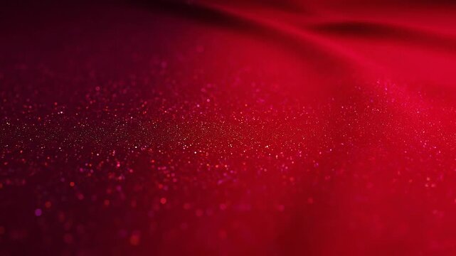 Close up of sparkling red glitter particles on a vibrant red surface with bokeh effect and shiny texture