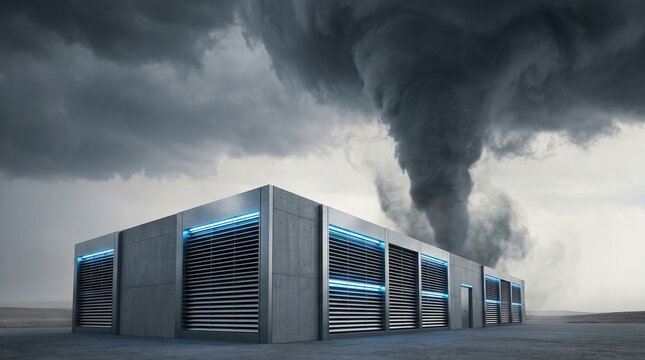 Futuristic data center building glowing blue against tornado in stormy sky, disaster resilient technology concept