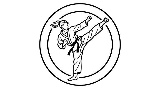 Karate woman executing a powerful high kick inside a circular frame isolated on white background
