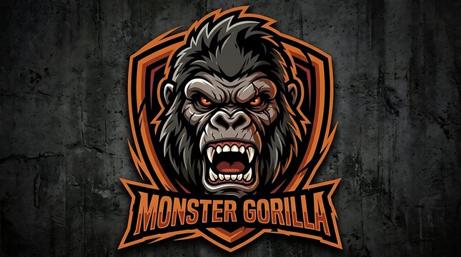 Fierce aggressive gorilla mascot logo design with bright orange and dark grey details on white background