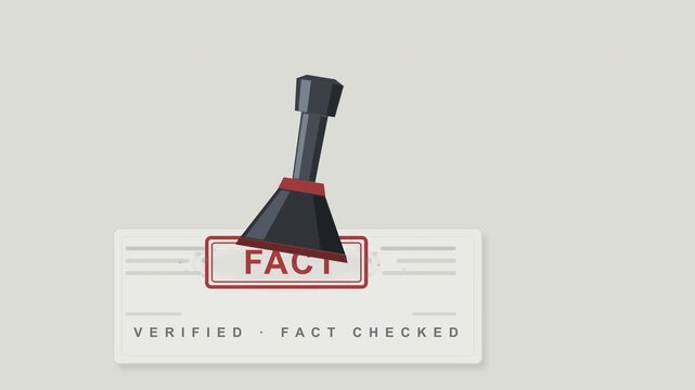 Fact stamp animation impacting document, conveying truth and real information, 3D rendered concept