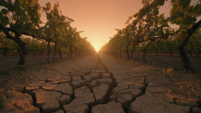 Golden sunset vineyard rows over parched cracked soil