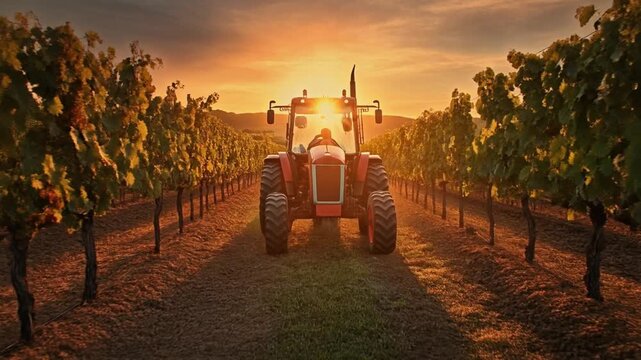 Red tractor driving through sunset vineyard rows in a winery