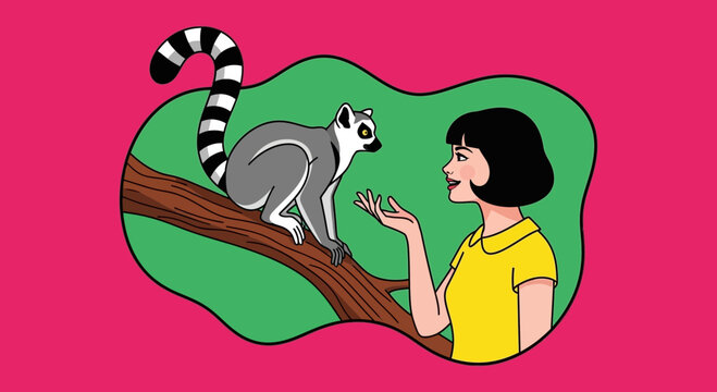 woman and ring-tailed lemur on tree branch