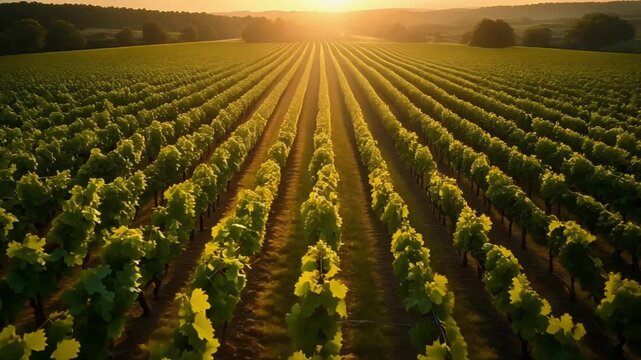 Sunset vineyard rows stretching into the horizon during golden hour
