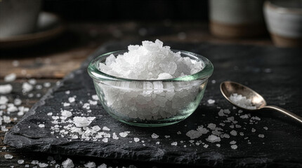 Fototapeta premium Sea Salt Crystals in Glass Bowl on Dark Slate Table