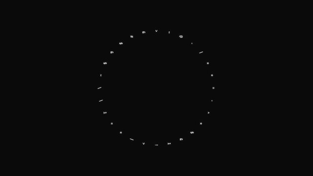 Monochrome white ASCII terminal glyph ring halo cluster fades in sequentially clockwise to form a full circle then rotates continuously on a near-black background