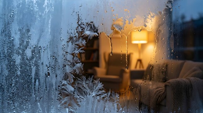Frozen window pane with frost patterns overlooking a cozy warm living room